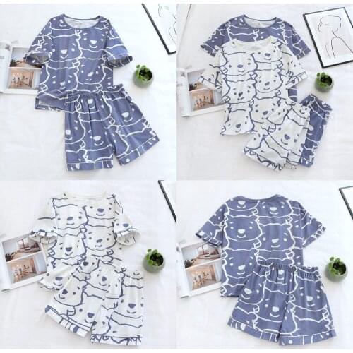 2021 Summer New Ladies Pajamas Two-piece Short-sleeved Shorts 100% Cotton Thin Section Cute Cartoon Bear Loose Home Service Set