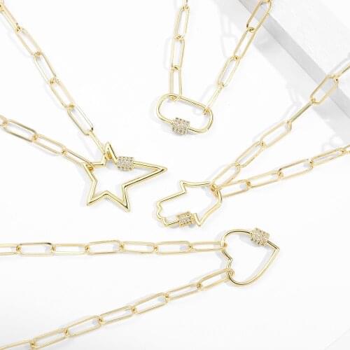 New Trendy Hollow Gold Hand Heart Necklace for Women CZ Copper Lock Hook Spiral Clasps Necklace Punk Chunky Chain Jewelry