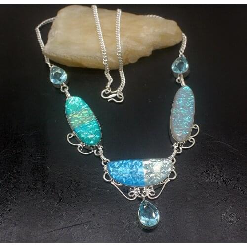 Wonderful New Natural Dichroic Glass Silver Color Women Pendant Necklace Chain 19.5 Inch HD269