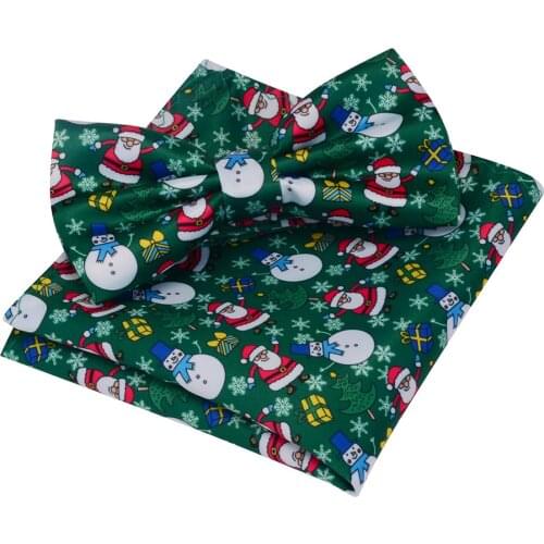 Ricnais 2020 New Fashion Silk Pocket Square Bow Ties Set Yellow Red Print Santa Claus Snowman For Men Christmas Party Bowtie