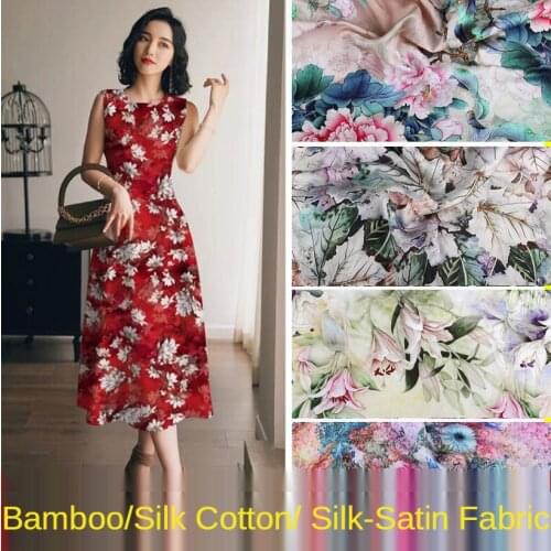 Striped Flower Silk Cotton Fabric By The Per Meter Silky Brocade for Dress Skirt Clothes Sewing Floral Printed Bamboo Textile