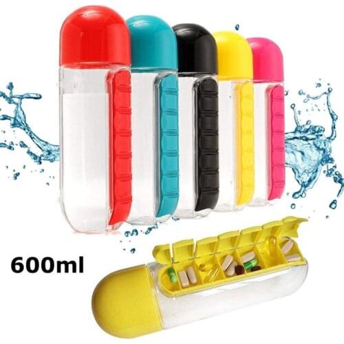 Sports Plastic Water Bottle 600ml Combine Daily Pill Boxes Organizer Drinking Bottles Leak-Proof Bottle Tumbler 7 Day Reminder
