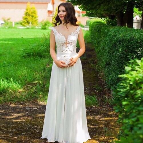 A-line Wedding Dresses Scoop Neckline Sleeveless White Ivory Appliques Bridal Dress Long Chiffon Robe De Mariee Vestido de Noiva