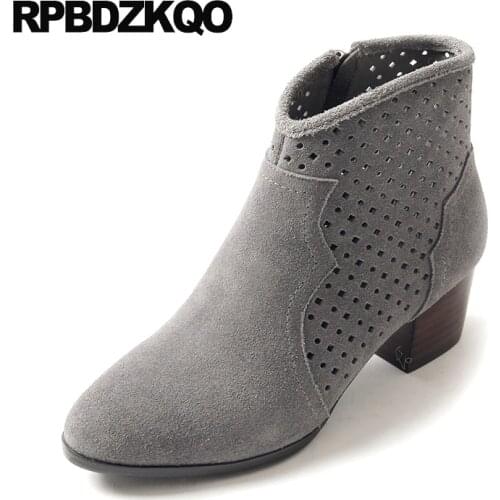 Cut Out Cutout Ankle Side Zip Boots Booties Genuine Leather High Heel Round Toe 2017 Ladies Autumn Shoes Fall Grey Women Chunky