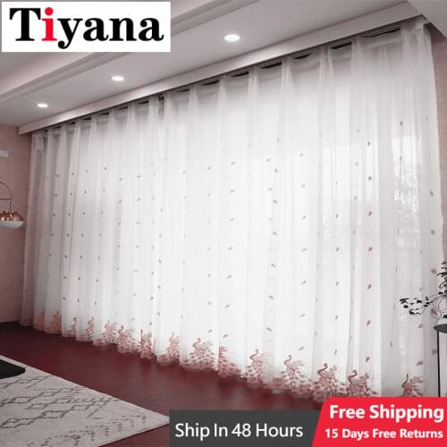 Pink Embroidered Peacock Design White Tulle Curtains for Living Room Sheer Curtains For Bedroom Window Drapes M81X