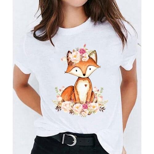 Womens Ladies Female Tee T-Shirt Graphic T Shirt for Women Fox Floral Cartoon Sweet Printing Print Lady T-shirts Top