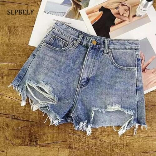 SLPBELY Women Blue Denim Shorts Summer Vintage Ripped Hole Denim Shorts Harajuku Tassel Design Jeans Hot Shorts Plus Size 5XL