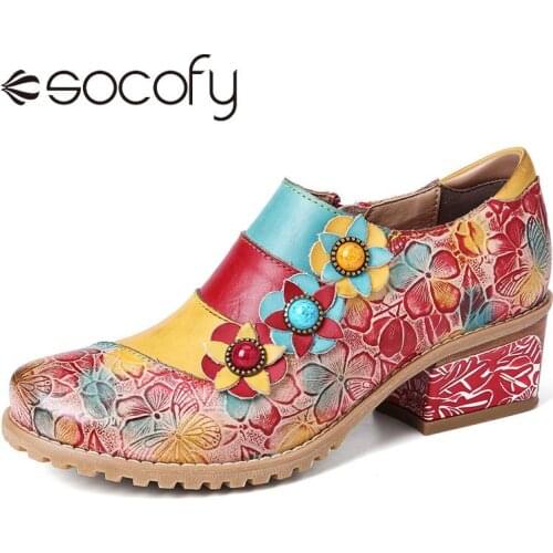 SOCOFY Women Retro Style Leather Pump Contrast Hand Stitching Zipper Block Heel Ladies Casual Outdoor Shoes Botas Mujer 2020