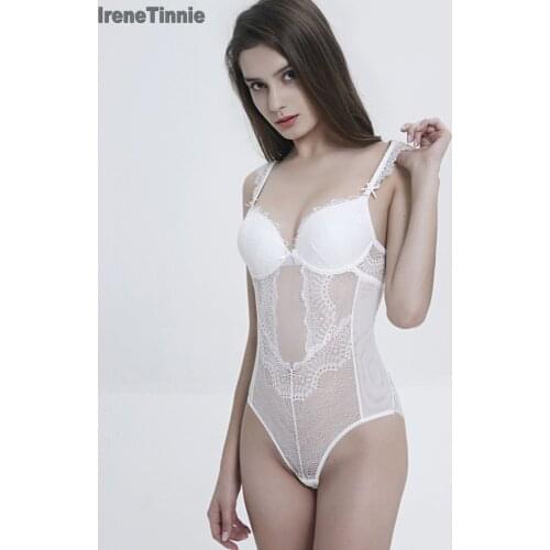 Irene Tinnie Sexy Lace Bodysuit Women Summer Backless Bodycon Bodysuits Black/White Sheer Mesh Jumpsuits Female Body Tops