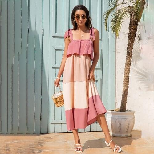 2021 Fashion Sexy Sleeveless Long Dress Women Summer Beach Strap Solid Patchwork Maxi Dresses For Women Casual Elegant Veasidos