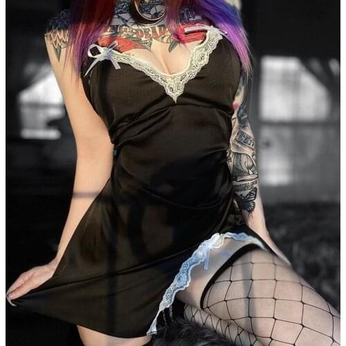 Goth Lace Patchwork Black Mini Dress Women Streetwear Spaghetti Straps V-neck Slit Dress Party Dress Gothic
