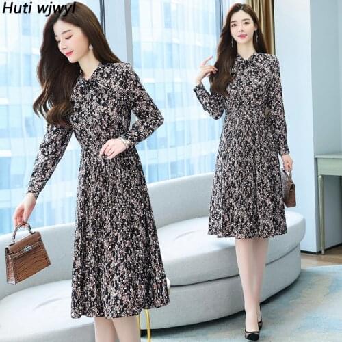 Women Bodycon Elegant Boho Floral Chiffon Dress Long Sleeve Casual Beach Vestido Spring Autumn Black Vintage Korean Midi Dresses