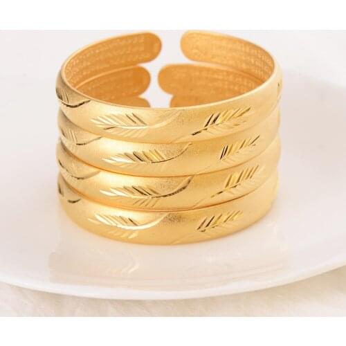 24 K THAI BAHT Fine G/F Yellow Gold Bangle Bracelet Africa Arab Fashion leaf sculpture Abrasive blasting Jewelry plume Items