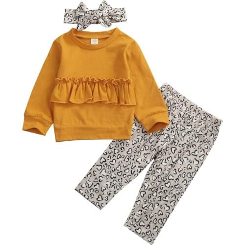 3Pcs Toddler Kids Baby Girl Clothes Ruffles Solid Tops Leopard Pants Leggings Headband 3pcs Outfits Clothes Tracksuit