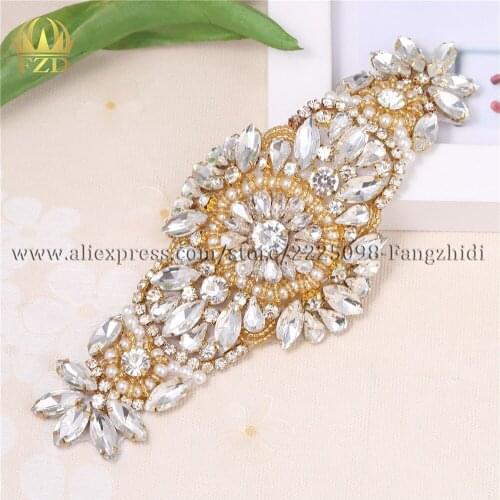 30 Pieces Bridal Wedding Gold Beaded Crystal Rhinestones Applique For Sash Belt Wholesale Beading Glass Trimming Waistband Patch