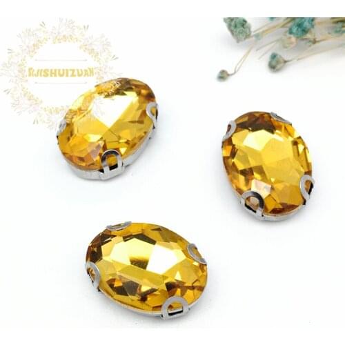 Free shipping! Golden yellow OVAL shape Glass Crystal sew on rhinestones with D-shape claw Diy wedding decoration