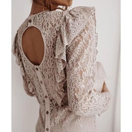 Lace Womens Shirt Blouse Ruffle Long Sleeve Backless Blouse Women O Neck Fashion Woman Blouses 2021 Hollow Out Spring Top New