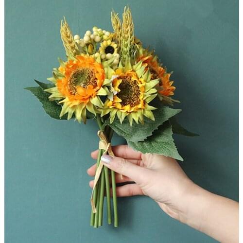 Handmade sunflower bunch with green leaves and grass silk artificial flowers for wedding bridal hand holding flowers