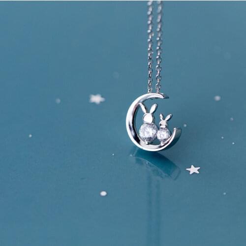 Zirconia Rabbit Pendant Necklace 925 Sterling Silver Moon Animal Bunny Choker Necklaces Women Girlfriend Anti-allergy Jewelry