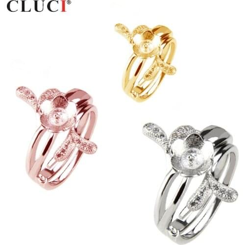 CLUCI Silver 925 Zircon Bridal Set Ring for Women 925 Sterling Silver Adjustable Open Ring for Pearl Jewelry Making SR2024SB