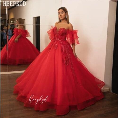 Exquisite Red Ball Gown Crystals Evening Dress Sweetheart Short Sleeves Organza Arabic Prom Gowns Customize Graduation Dresses