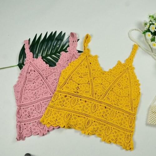 Spaghetti Strap Lace Tank Top Women Summer Fashion Sexy Knit Vest Tops Hollow Out Camis Sleeveless Short Seaside Woman Clothes