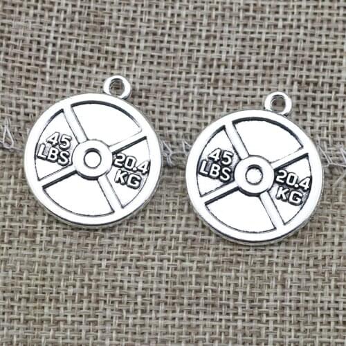 High Quality 10 Pieces/Lot 24mm*28mm Antique Silver Plated Metal Fitness Weightlifting Barbell Charms For Jewelry Making