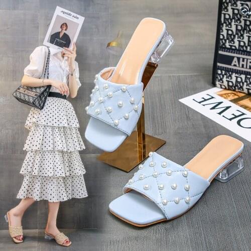 Fashion Women Sandals Mid High Heels 1.57 Inches Beautiful Pearl Sexy Slippers（Size 35-45