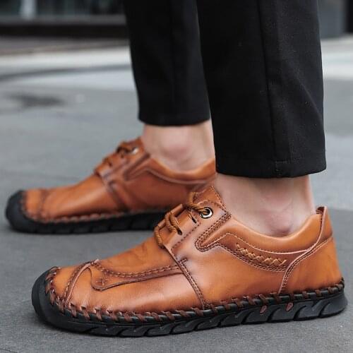 Handmade Casual Leather Shoes Men Large Size 38-48 Hot Sale Lace up Moccasins Flats Shoes Men High Quality Zapatos De Hombre