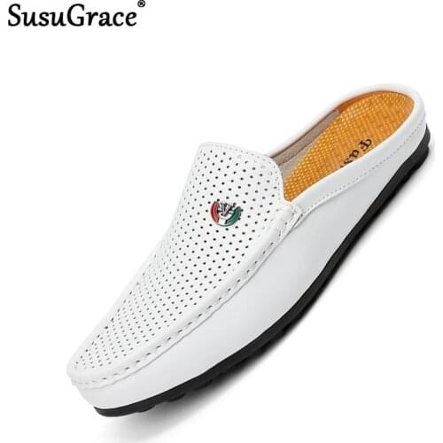 Susugrace 2021 Hot Mens Leather Loafers Summer Breathable Casual Flats Mules Black White Lightweight Men Driving Shoes Big Size