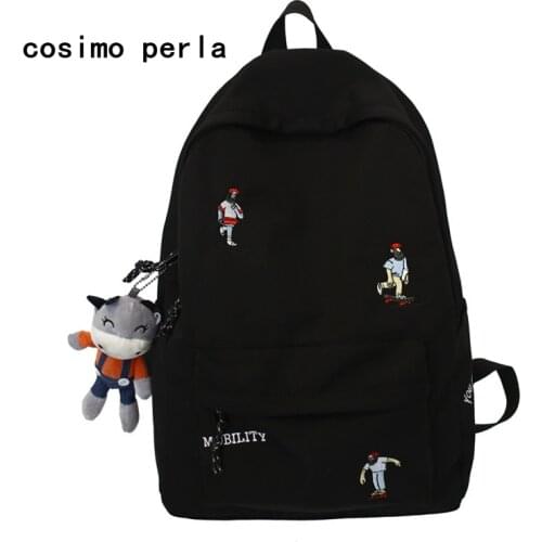 INS Embroidery Nylon Backpacks for Teenage Girls Boys Preppy Style Skateboarder Pattern Designer Schoolbags with Cattle Pendent