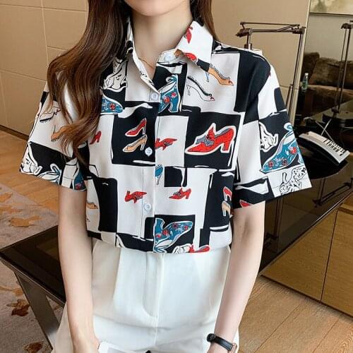 2021 Summer New Korean Loose Womens Short Sleeve Shirt Fashion Slim High Heels Printed Chiffon Top Beautiful Girls Blouses