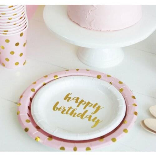 Pink Foil Gold Dot Birthday Wedding Party Supplies Decoration Cake Dish Disposable Paper Plates Gift bag Cups Baby Shower Favors