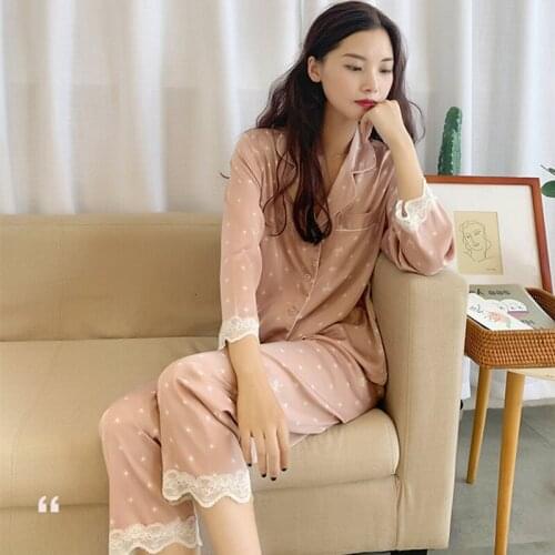 Fdfklak Two Pieces Silk Pajamas For Women Pijama Sexy Nightwear Spring Summer New Long Sleeve Sleepwear Sets Pink Pyjama