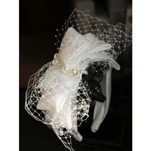 Brand British Royal Ladies Satin Hairband Layers Bow Wide Hairbands with Face Veil Fairy Women Church Wedding Big Bow Headpiece