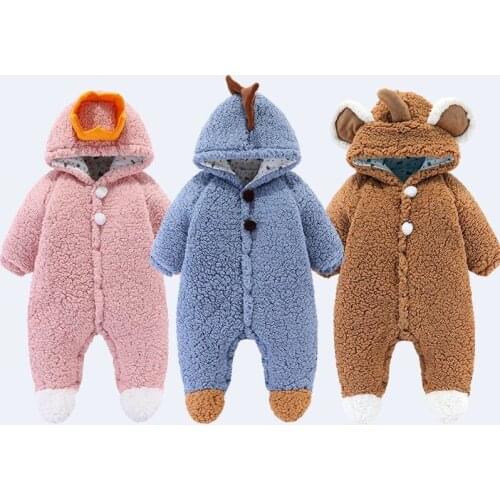 Lamb Wool Baby Footed Rompers Boys Girls Fleece Hooded Winter Fleece Jumpsuit Soft Cute Cartoon Coats Newborn Infant Bodysuits