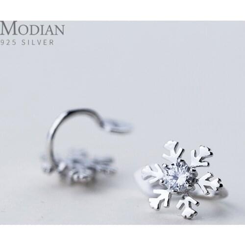 Modian Minimalism Clear CZ Snowflake Fashion Clip Earrings For Women 925 Sterling Silver Prevent Allergy Korean Charm Jewelry