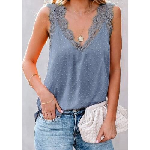 Womens Summer Tanks Tops V-neck Lace Splicing Casual Loose Elegant Sleeveless T-shirts Loose Vintage Ladies Casual Tunic 2021