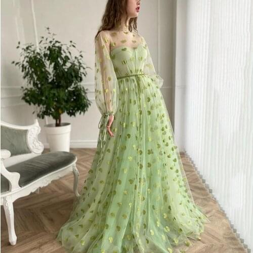 Green Hearty Tulle Prom Dresses robes de soirée Long Sleeves Sheer Neckline A-Line Ribbon Sashes Formal Party Dresses 2021