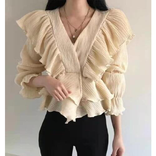 Women Tops Korea Chic V-neck Wrinkle Ruffle Stitching High Waist Flared Sleeve Shirt Female Blusas De Mujer Dropshipping 15782