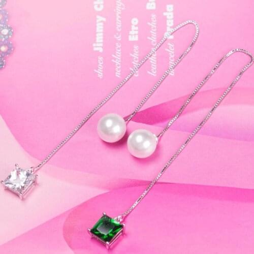 Chic 925 Sterling Silver Earrings For Women Party Jewelry Zircon Square Pearl Long Tassel Earring Girl Valentines Day Gifts