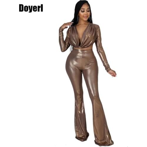 Faxu PU Leather Sexy Two Piece Set Women Fall Plus Size Sets for Women Club Outfits Ruched Crop Top Flare Pants Set Tracksuit