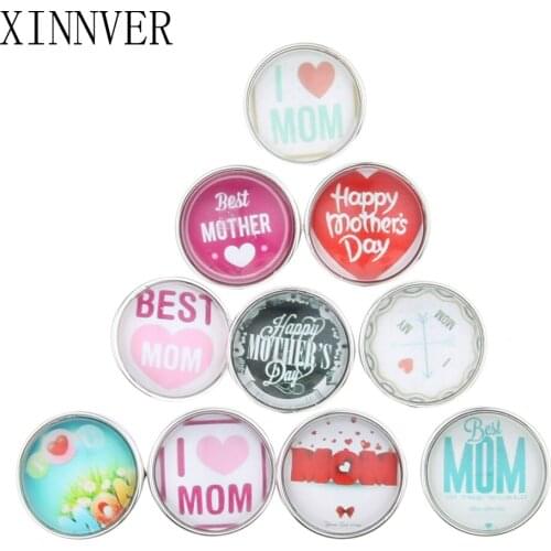 10Pcs/lot Mixed Styles I LOVE MOM 18mm Glass Snap Button Jewelry Fit Metal Snap Bracelets Xinnver Snaps Jewelry ZB346