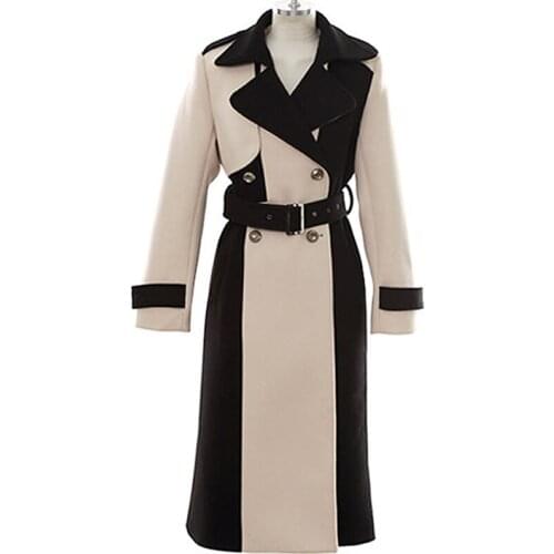 2020 autumn and winter new fashion Korean womens long section British wind stitching over the knee Slim woolen coat female