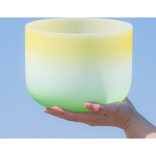 8" Note E Solar Plexus Chakra Yellow Green Frosted Quartz Crystal Singing Bowl