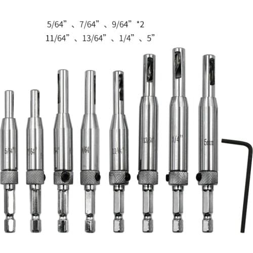 8Pcs/set Hinge Hole Drilling Set 1/4" Shank Woodworking Hole Punch Hexagon Positioning Pocket Bit Tools for Door and Window