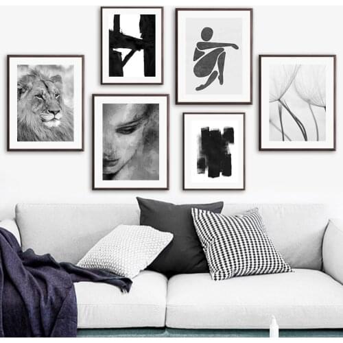 Black White Girl Lion Dandelion Abstract Wall Art Canvas Painting Nordic Posters And Prints Wall Pictures For Living Room Decor
