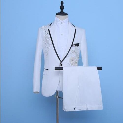 White blazer men groom suit set with pants Three-dimensional double flower mens wedding suits singer stage clothing formal dress