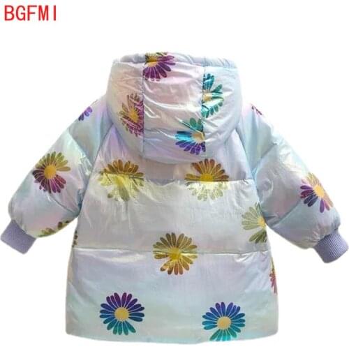2-7 Y Autumn Winter Baby Girl Down Jacket Thick Hooded Shiny Daisy Girls Outerwear Coat Kids Toddler Parkas