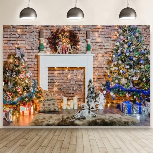 December Christmas Tree Fireplace Winter Home Party Backdrop Background Photocall Prop Banner Photo Table Wall Decors